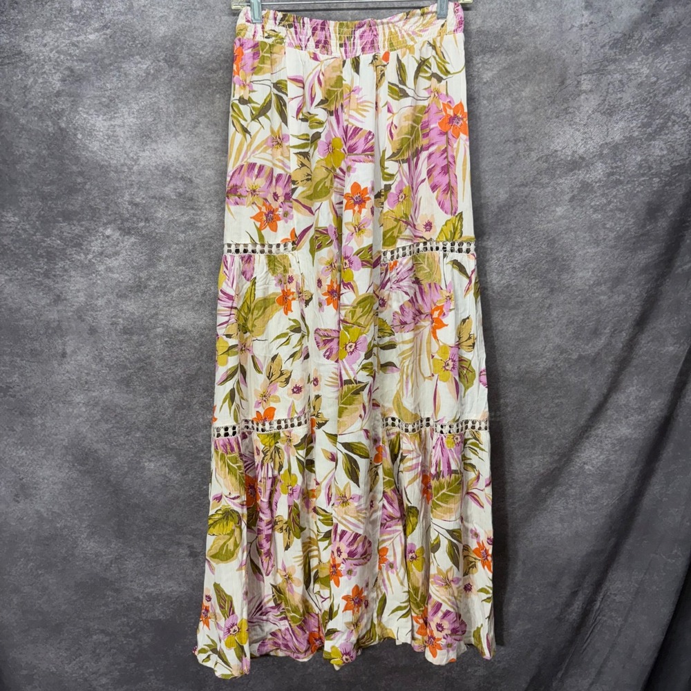 Angie Floral Tropical Wide Leg Palazzo Pants Smocked Waist Medium White Pink